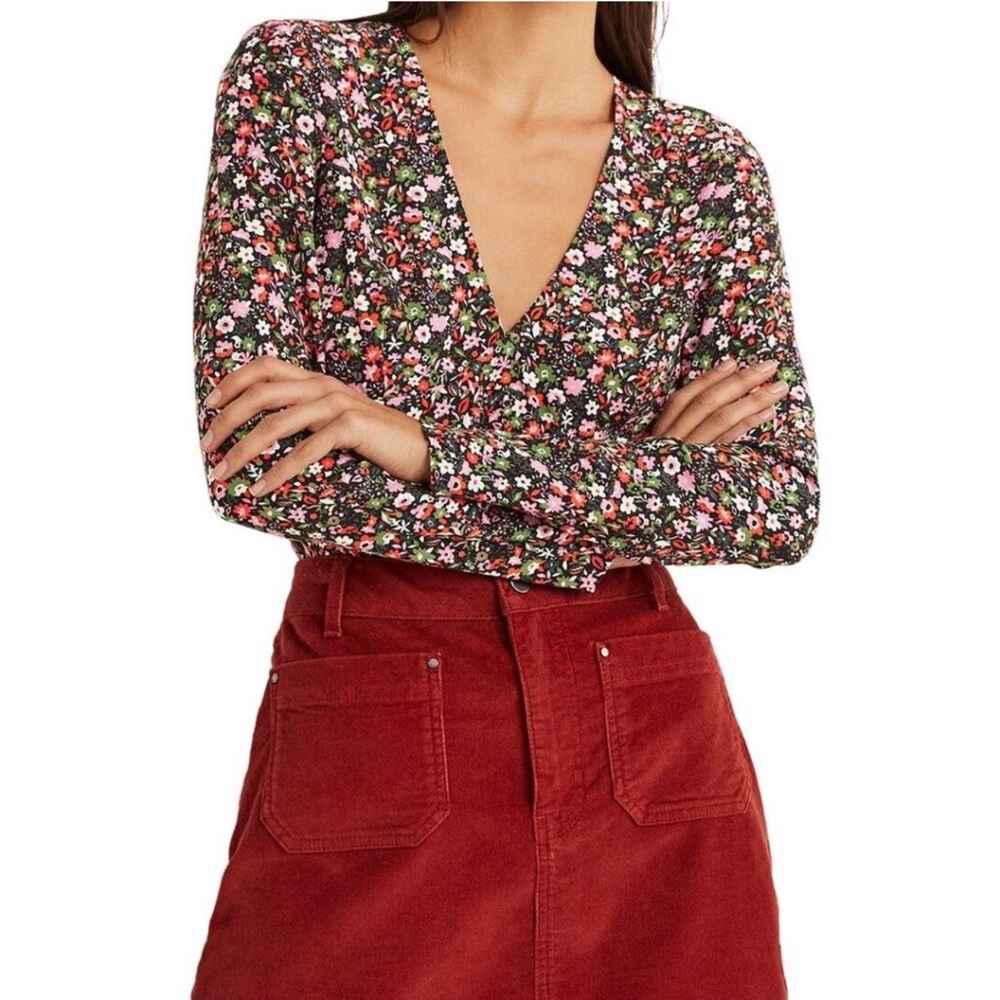 Boden Floral Popover Babydoll Blouse Ditsy Floral V Neck Cropped Long Sleeve US8